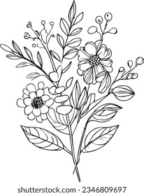 página de coloreado de ilustraciones de vectores botánicos de flor silvestre, simplicidad, embellecimiento, monocromo, arte vectorial, impresión de contorno con hoja botánica de rama, hojas botánicas y brotes, tatuaje minimalis 