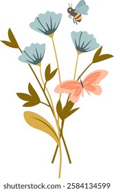 Wildflower Bouquet With Butterfly Vector Illustration