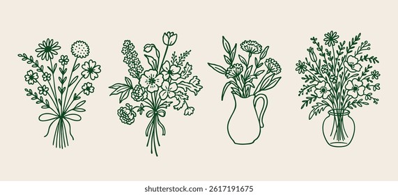 Wildflower bouquet clipart set. Hand drawn vintage floral line art in coquette style