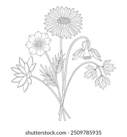 Blumenstrauß mit Dahlie, Kosmos, Aquilegia, Columbine. Wiesenblumen und Wildpflanzen. Linienkunst, minimaler Stil, Kontur. Botanische handgezeichnete Elemente für Designprojekte. Vektorgrafik