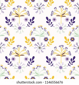 Wildflower Bouquet Leaf Folk Vector Pattern, Hand Drawn Floral Seamless Background Nature Illustration for Spring Fashion Prints, Textiles, Trendy Home Decor, Modern Wallpaper, Stationery Invitations
