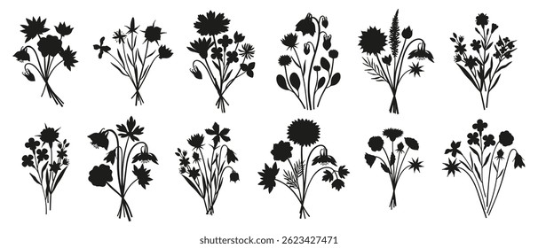 Wildflower bouquet silhouettes set. Hand-drawn meadow flowers, herbs, and wild plants. Botanical elements for design projects. Minimal style, contour. Vector illustration