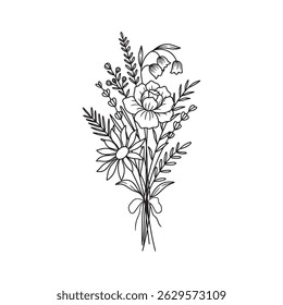 Wildflower bouquet vector. Flower bouquet. Hand drawn flower, wild plant, botanical vector illustration