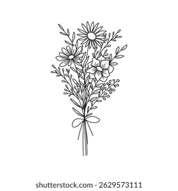 Wildflower bouquet vector. Flower bouquet. Hand drawn flower, wild plant, botanical vector illustration