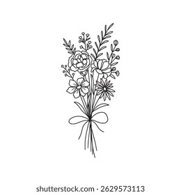 Wildflower bouquet vector. Flower bouquet. Hand drawn flower, wild plant, botanical vector illustration
