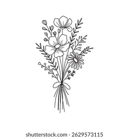 Wildflower bouquet vector. Flower bouquet. Hand drawn flower, wild plant, botanical vector illustration