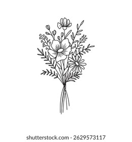 Wildflower bouquet vector. Flower bouquet. Hand drawn flower, wild plant, botanical vector illustration