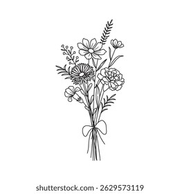 Wildflower bouquet vector. Flower bouquet. Hand drawn flower, wild plant, botanical vector illustration