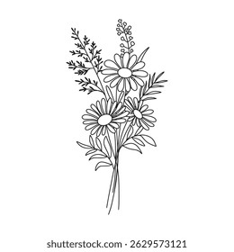 Wildflower bouquet vector. Flower bouquet. Hand drawn flower, wild plant, botanical vector illustration