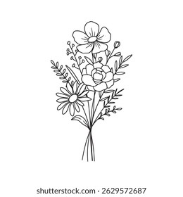 Wildflower bouquet vector. Rose flower bouquet. Hand drawn flower, wild plant, botanical vector illustration