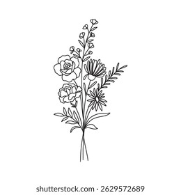 Wildflower bouquet vector. Rose flower bouquet. Hand drawn flower, wild plant, botanical vector illustration