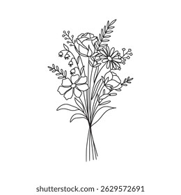 Wildflower bouquet vector. Rose flower bouquet. Hand drawn flower, wild plant, botanical vector illustration