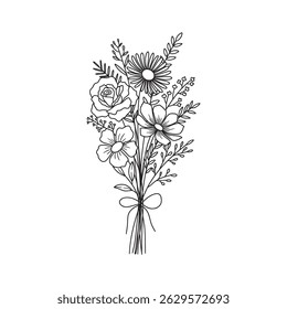 Wildflower bouquet vector. Rose flower bouquet. Hand drawn flower, wild plant, botanical vector illustration