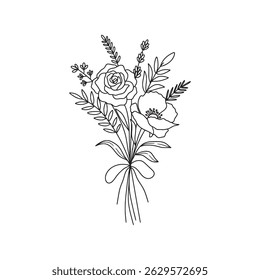 Wildflower bouquet vector. Rose flower bouquet. Hand drawn flower, wild plant, botanical vector illustration