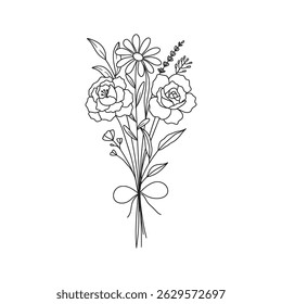 Wildflower bouquet vector. Rose flower bouquet. Hand drawn flower, wild plant, botanical vector illustration