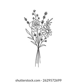 Wildflower bouquet vector. Rose flower bouquet. Hand drawn flower, wild plant, botanical vector illustration