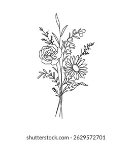 Wildflower bouquet vector. Rose flower bouquet. Hand drawn flower, wild plant, botanical vector illustration
