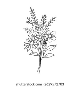 Wildflower bouquet vector. Rose flower bouquet. Hand drawn flower, wild plant, botanical vector illustration