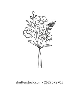 Wildflower bouquet vector. Rose flower bouquet. Hand drawn flower, wild plant, botanical vector illustration