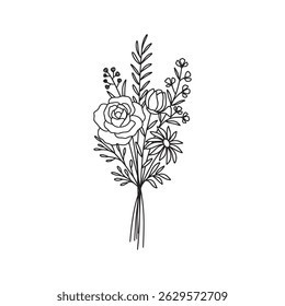 Wildflower bouquet vector. Rose flower bouquet. Hand drawn flower, wild plant, botanical vector illustration