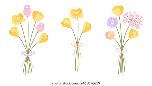 Wildflower bouquets set. Gentle floral bouquets with poppies. Flowers tied with ribbons, vector illustration. Meadow herbs and wild plants for design projects