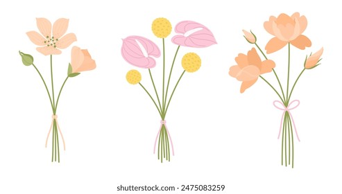 Wildflower bouquets set. Gentle floral bouquets, vector illustration. Flowers tied with ribbons. Meadow herbs and wild plants for design projects