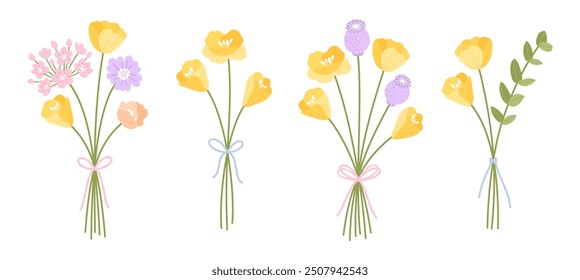 Wildflower bouquets set. Gentle floral bouquets with poppies. Flowers tied with ribbons, vector illustration. Meadow herbs and wild plants for design projects