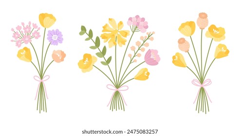 Wildflower bouquets set. Gentle bouquets with poppies, meadow herbs, and wild plants. Flowers tied with ribbons. Vector floral illustration for design projects