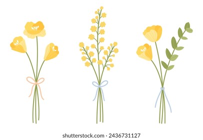 Wildflower bouquets, tied with ribbon. Set of floral vector illustrations. Gentle flowers, meadow herbs, and wild plants for design projects