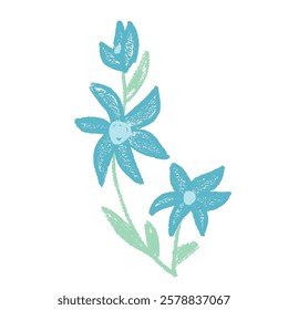 Wildflower brunch crayon drawn. Spring field plant doodle. Summer floral kids element. Chalk or pastel style childish scrawl nature shape. Vector illustration by pencil isolated on white background.