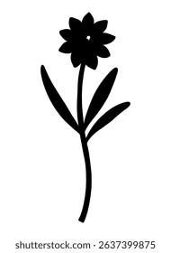 Wildflower bud with sepals and leaves, silhouette in black color. Blooming wild plant coreopsis, meadow flower shape. Botanical elements for design projects. Detailed floral vector illustration