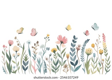 Wildflower Butterflies Watercolor floral seamless pattern with colorful , leaves, plants and flying butterflies. Panoramic horizontal isolated illustration. Garden background in vintage style