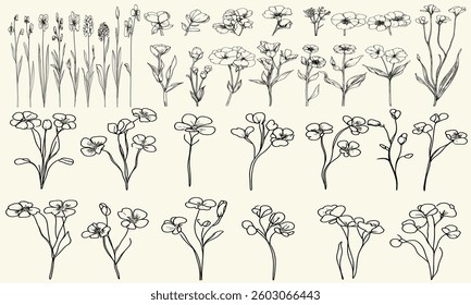 Wildflower collection with intricate black line art of wild oxlip, perfect for chic branding, personalized wedding stationery, rustic decor, and feminine botanical floral branch, trendy greenery