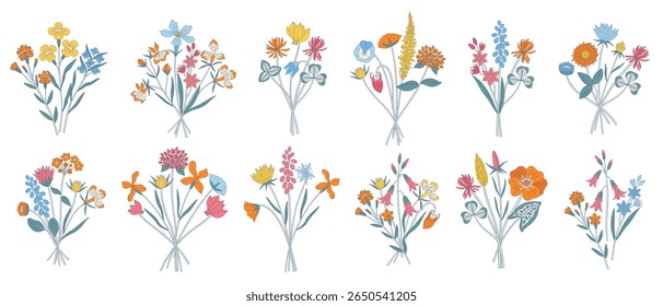 Wildflower colorful bouquets set. Bunches of blooming different meadow flowers, herbs, and wild plants. Botanical elements for design projects, minimal style. Vector illustration