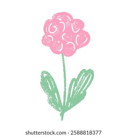 Wildflower crayon drawn. Spring plant doodle isolated on white background. Summer floral kids element. Chalk or pastel style childish scrawl nature shape. Vector naive illustration by pencil.