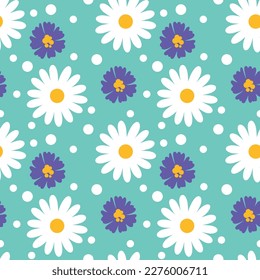 Wildflower daisy and cornflowers, summer print on turquoise blue background. Seamless pattern, vector.