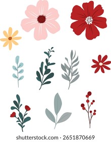 Wildflower Elements in Pink and Red for Wedding, Greeting Cards, and Creative Designs