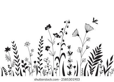 Wildflower field with dragonfly, monochrome pattern