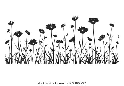 Wildflower Fields Silhouette Clip art, Flower Field Black Silhouette Vector