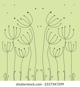 Wildflower fir-needle tree pattern in a one line style. Outline of the plant: Black and white engraved ink art needle. Sketch wild flower for background, texture, wrapper pattern, frame or border.