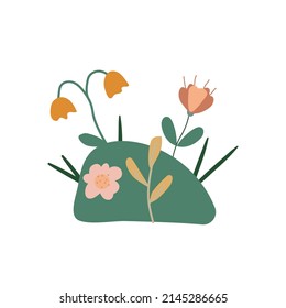 Wildflower flat flower bed. Cartoon style garden. Bloom template element. Bohemian kid style. Spring and gardening concept. Vector stock illustration