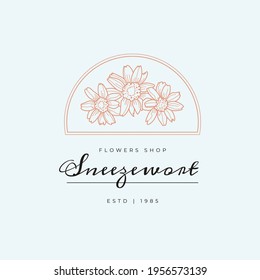 Wildflower Flowers Vector Signs or Logo Templates. Retro Floral Illustration with Classy Typography. Feminine Logo. Modern Logo Template for florist, photographer, fashion blogger, design studio.