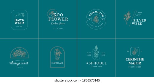 Wildflower Flowers Vector Signs or Logo Templates. Retro Floral Illustration with Classy Typography. Feminine Logo. Modern Logo Template for florist, photographer, fashion blogger, design studio.