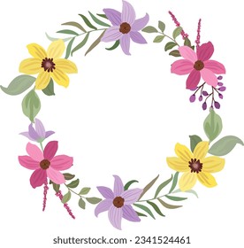 Wildflower frame on white background. Colorful summer meadow flowers and leaves, botanical template for cards, invitations