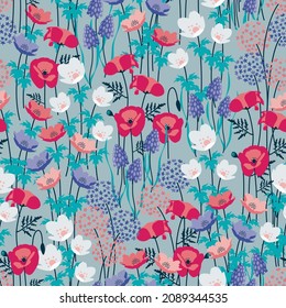 Wildflower Garden with Poppies, Anemone and Allium flowers