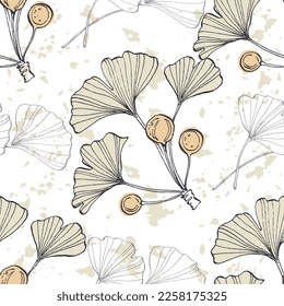 Wildflower Ginkgo flower pattern in a one line style. Outline of the plant: Black and white engraved ink art Ginkgo biloba. Sketch wild flower for background, texture, wrapper pattern, frame or border