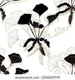 Wildflower Ginkgo flower pattern in a one line style. Outline of the plant: Black and white engraved ink art Ginkgo biloba. Sketch wild flower for background, texture, wrapper pattern, frame or border