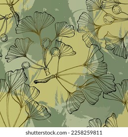 Wildflower Ginkgo flower pattern in a one line style. Outline of the plant: Black and white engraved ink art Ginkgo biloba. Sketch wild flower for background, texture, wrapper pattern, frame or border