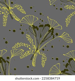 Wildflower Ginkgo flower pattern in a one line style. Outline of the plant: Black and white engraved ink art Ginkgo biloba. Sketch wild flower for background, texture, wrapper pattern, frame or border