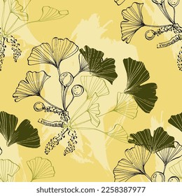 Wildflower Ginkgo flower pattern in a one line style. Outline of the plant: Black and white engraved ink art Ginkgo biloba. Sketch wild flower for background, texture, wrapper pattern, frame or border